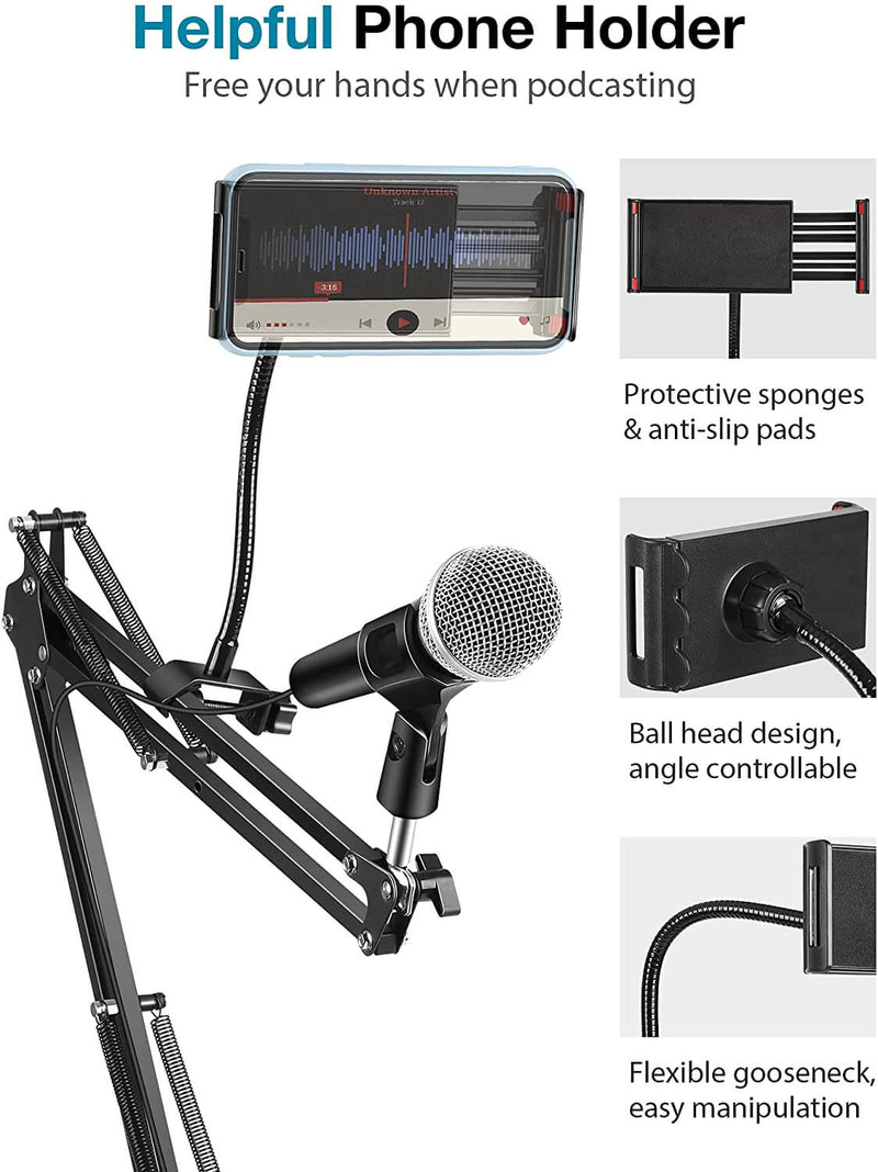 InnoGear Microphone Stand, Mic Stand with Phone Holder, Pop Filter, Shock  Mount, Microphone Windscreen, Mic Clip, Table Mounting Clamp, Cable Ties